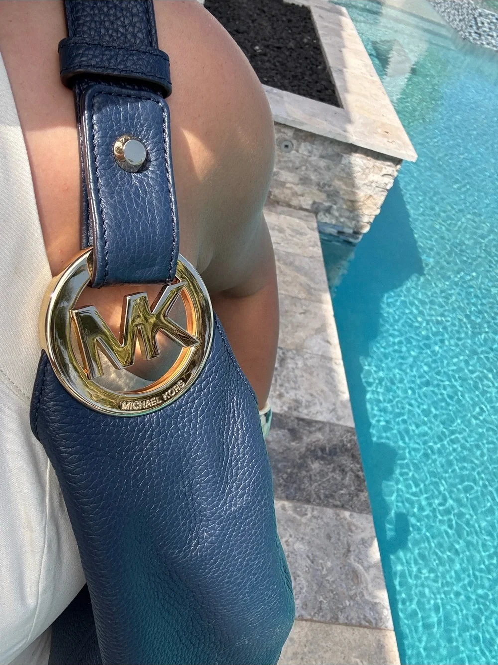 Michael Kors Dark Navy Pebbled Leather Hobo with Gold MK Charm - Picture 6 of 12